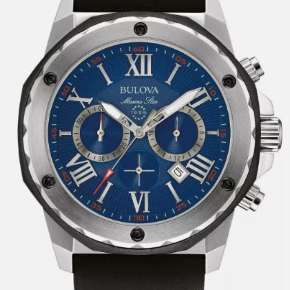 New Bulova Marine Star Chronograph 98B258 Blue Dial 44mm Men's Watch B+P